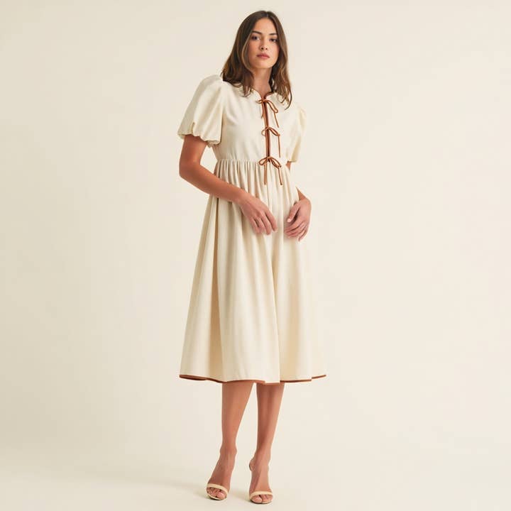 Midi Puff Sleeve Dress with Contrast Ties and Hemline Trim for wholesale by Modenaire
