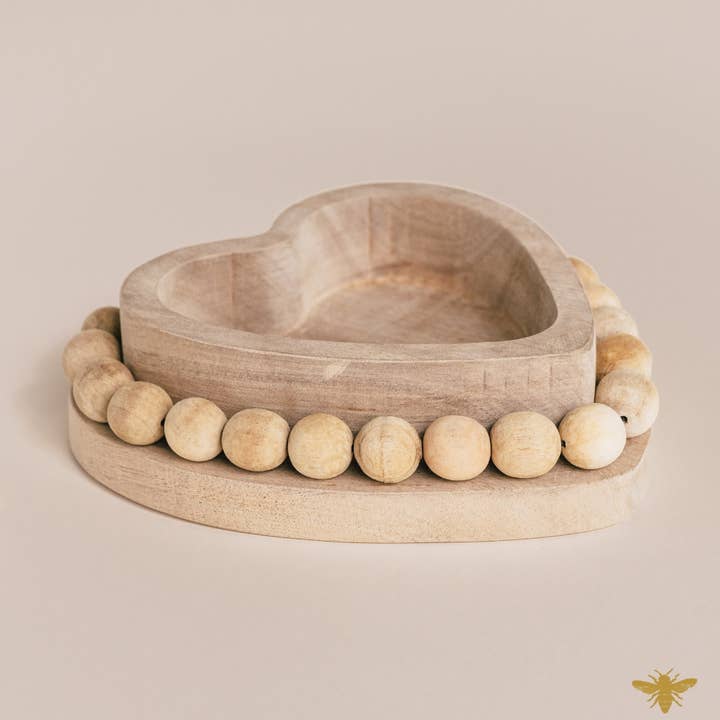 Acacia Wood | Beaded Heart Bowl - Natural for wholesale by Hive and Honey Candle Supply