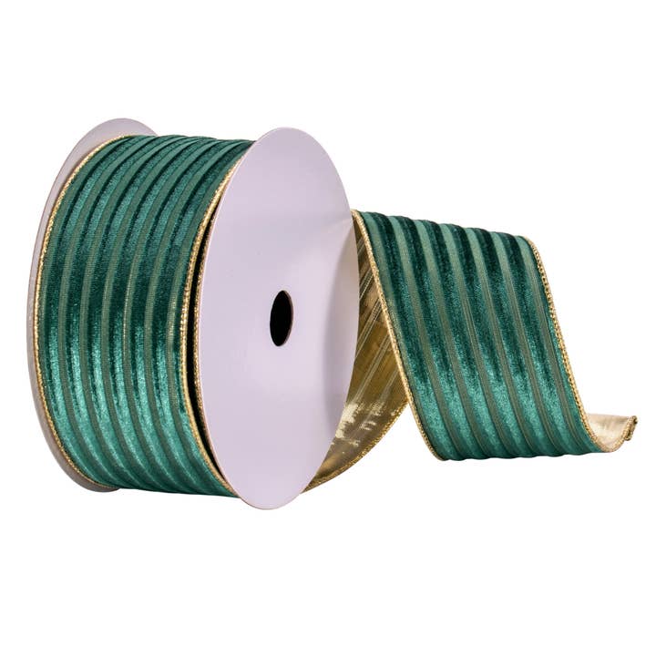 Vickerman 2.5" x 10 Yards Green Stripe Gold Back Ribbon for wholesale by Vickerman