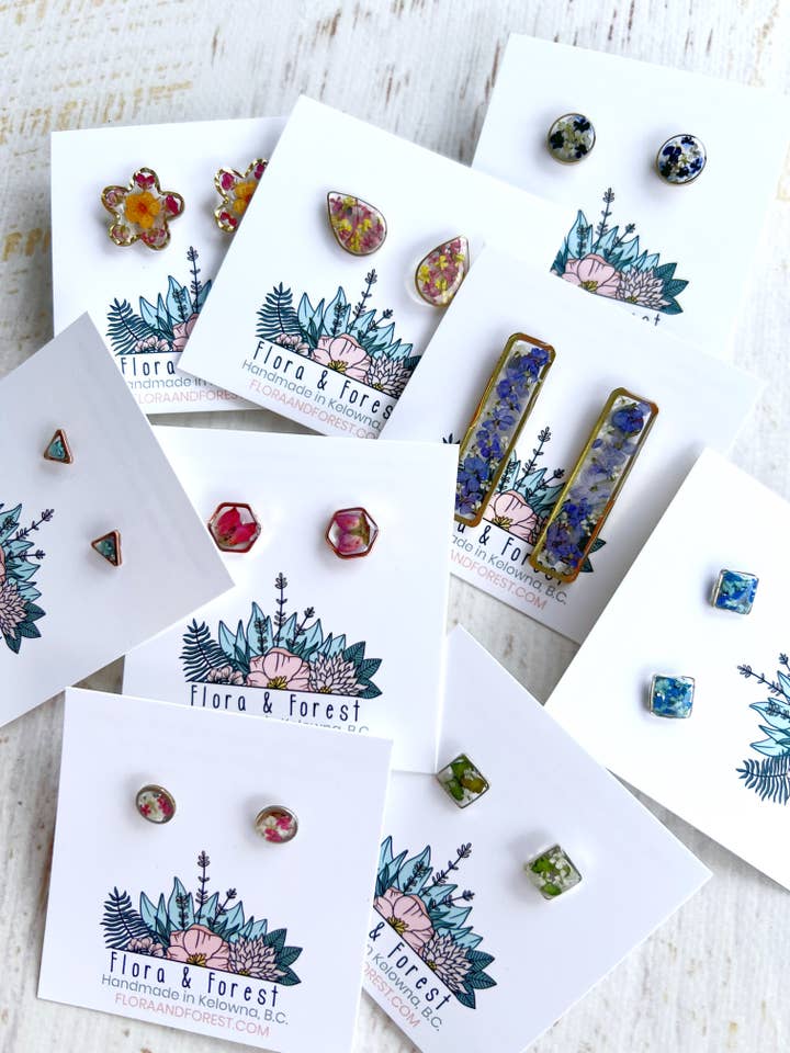 MYSTERY! Gold, Silver or Rose Gold Studs with Real Flowers for wholesale by Flora and Forest Jewellery
