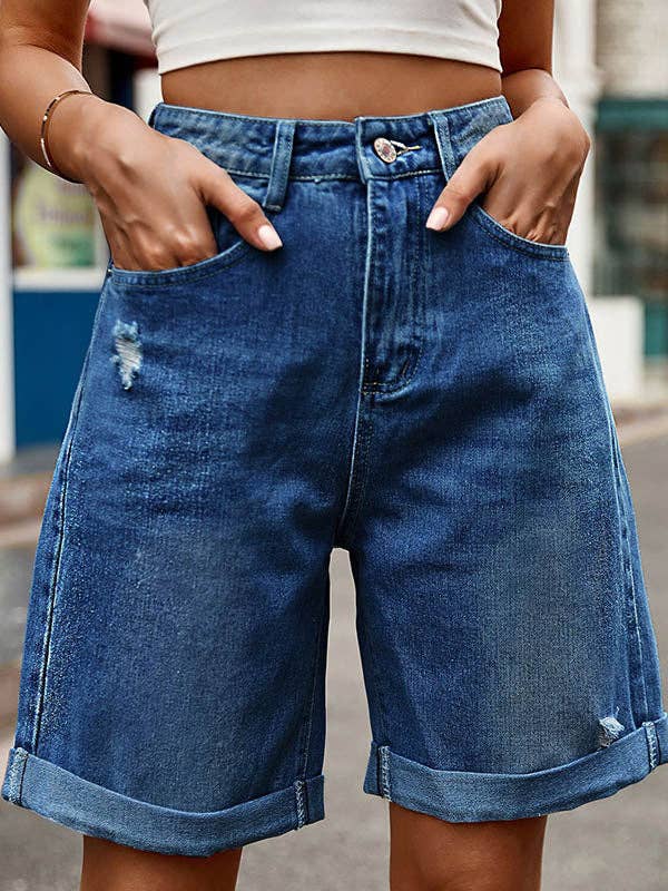 VividLux - Wholesale Shorts - Women's - High Waisted Loose Buttoned Pockets Jean Pants Bottoms Shorts Bottoms