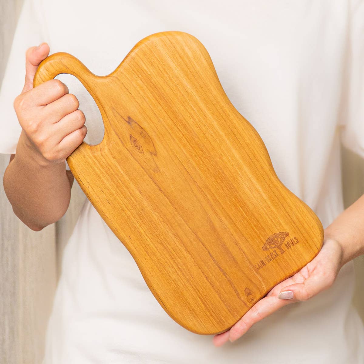 Rainforest Bowls - Wholesale Cutting Board - Irregular Shaped Teak Wood Chopping Board (13x7) with Handle0