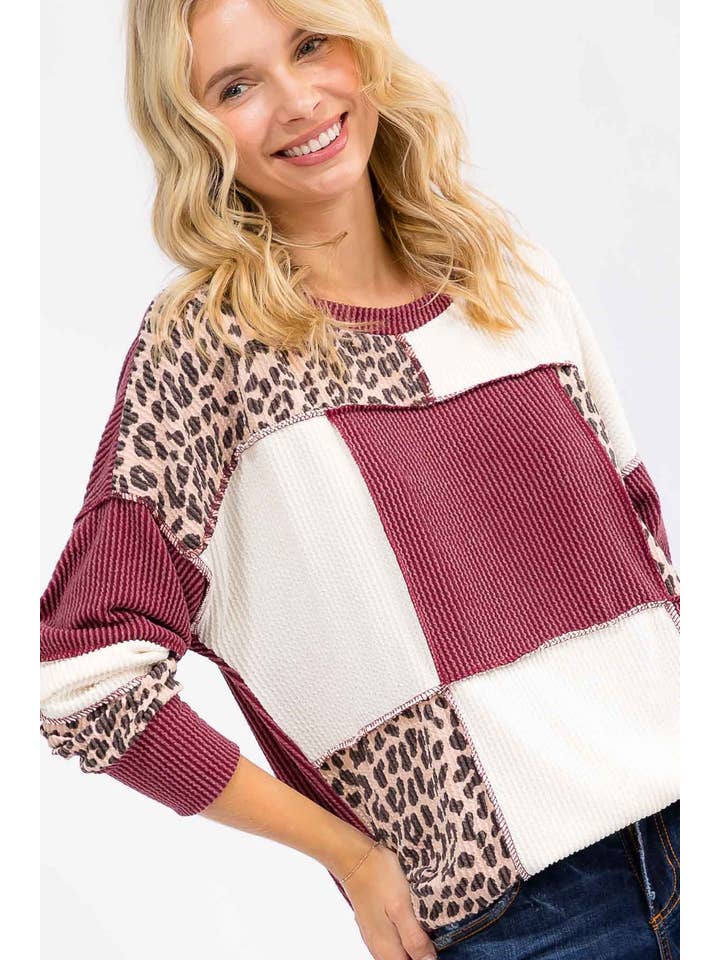Vanilla Monkey - Wholesale Knit Top - Women's - Leopard Patchwork Color Block Rib Knit Sweater