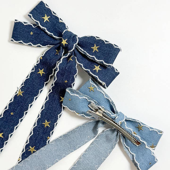 MKS America - Wholesale Hair Clip - Women's - Contrast trim Denim Ribbon Long double bow Star clips