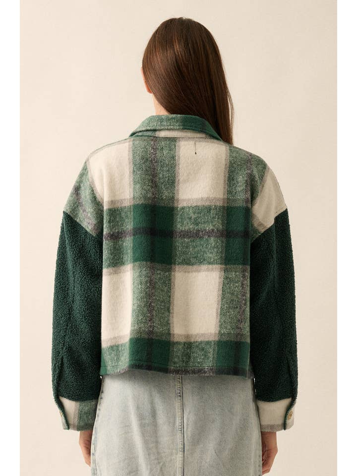 PINE GREEN Plaid Contrast Fur Button Front Yoke Front Shacket for wholesale on Faire