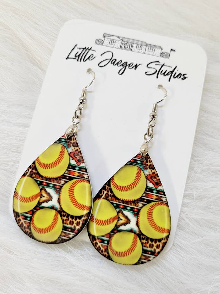 Softball Handmade Teardrop Acrylic Earring for wholesale by Little Jaeger Studios