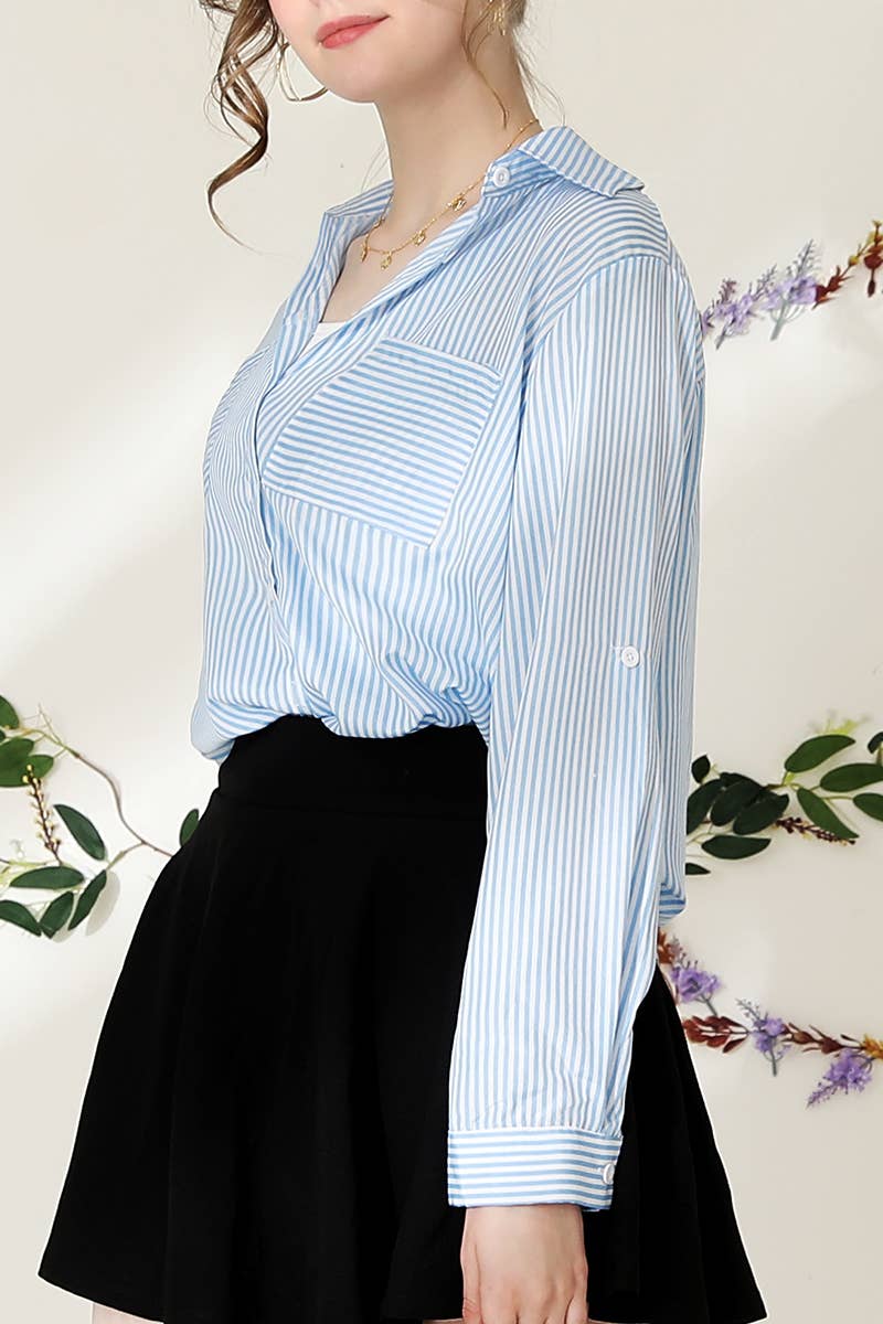 NINEXIS - Wholesale Button Down Shirt - Women's - CWTSTL716_Striped Button Down Long Sleeve Collared Shirts8