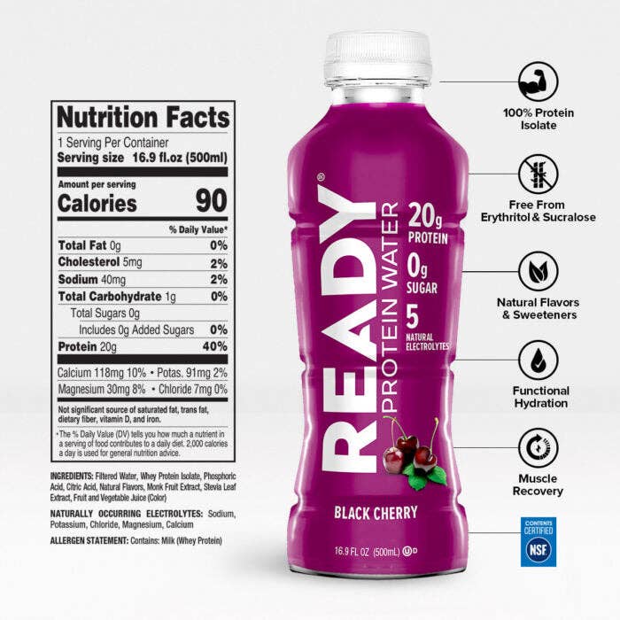 Ready - Vendita all'ingrosso Bevande isotoniche/energetiche - Ready® Protein Water - Black Cherry (confezione da 12 pezzi da 16,9 once)3