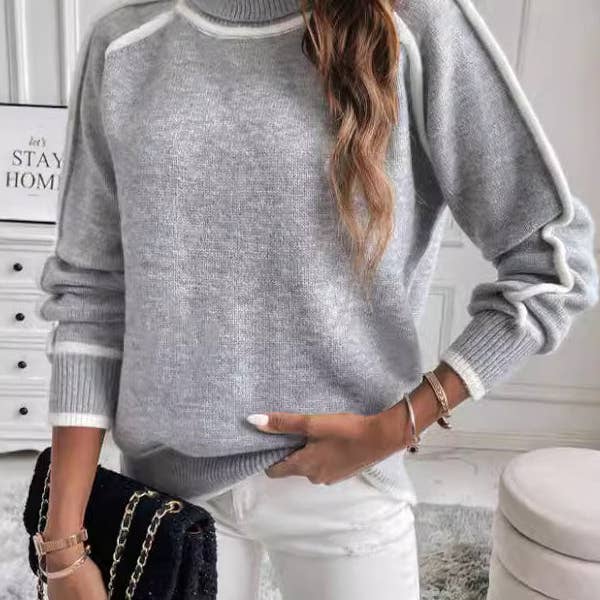 Langærmet Løs Kontrastfarvet Split-Samling Højhalset Sweater Toppe for engroshandel hos Sheer Trend