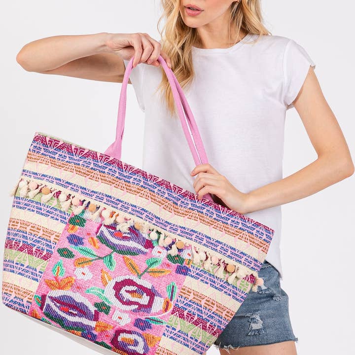MiMi Wholesale - Wholesale Tote Bag - Women's - MB0308 Boho Print Pom Pom Fringe Tote Bag2