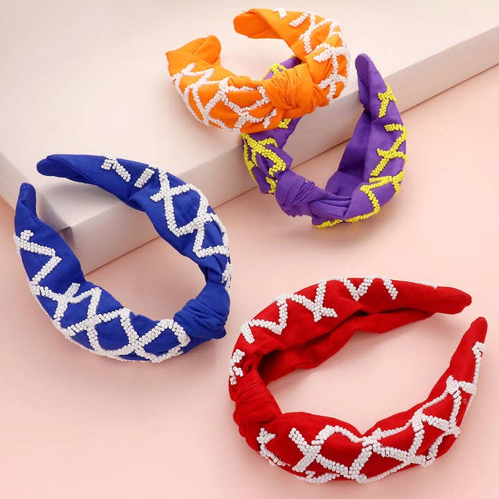 Game Day Seed Beaded Check Patterned Knot Burnout Headband for wholesale by Sensibling Corp.
