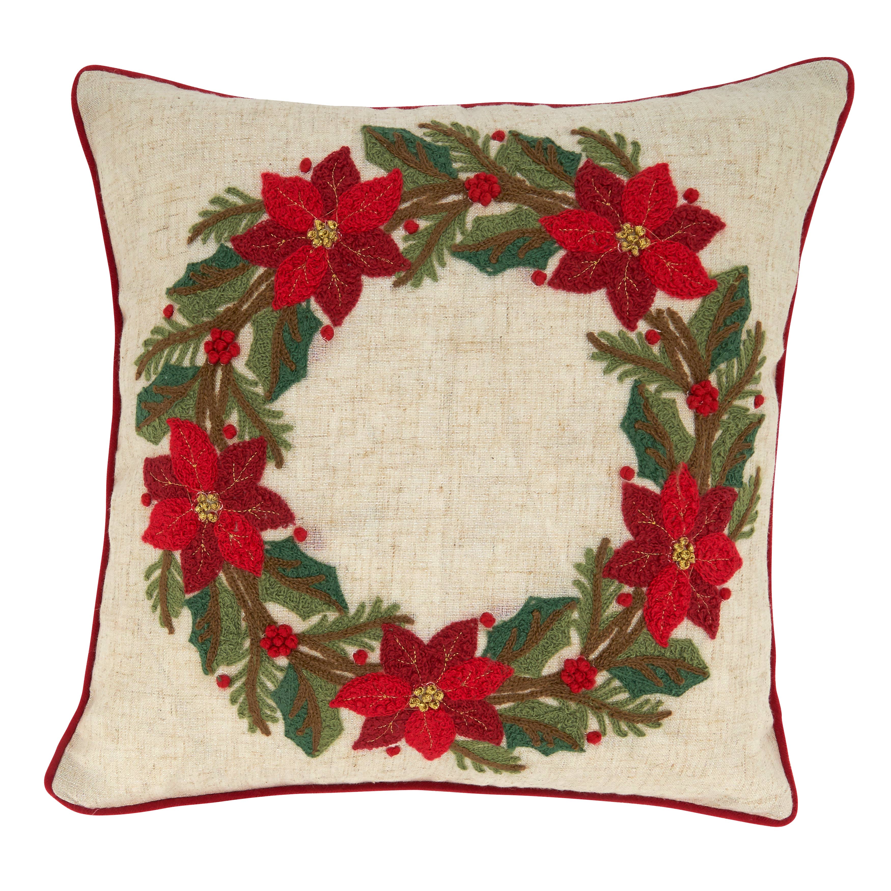 Natural Poinsettia Wreath Design Throw Pillow for wholesale on Faire0