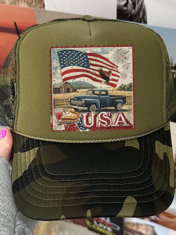 Casquette de camionneur vintage USA Stamp Otto Camo avec devant en mousse vert olive pour la vente par Wholesale Accessory Market