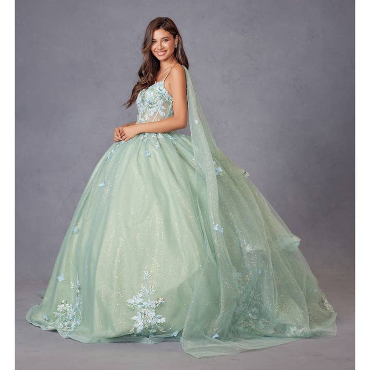 SALVIE GRØN 3D QUINCEANERA-KJOLE MED FLERE BLOMSTER OG KAPPEÆRME for engroshandel på Faire