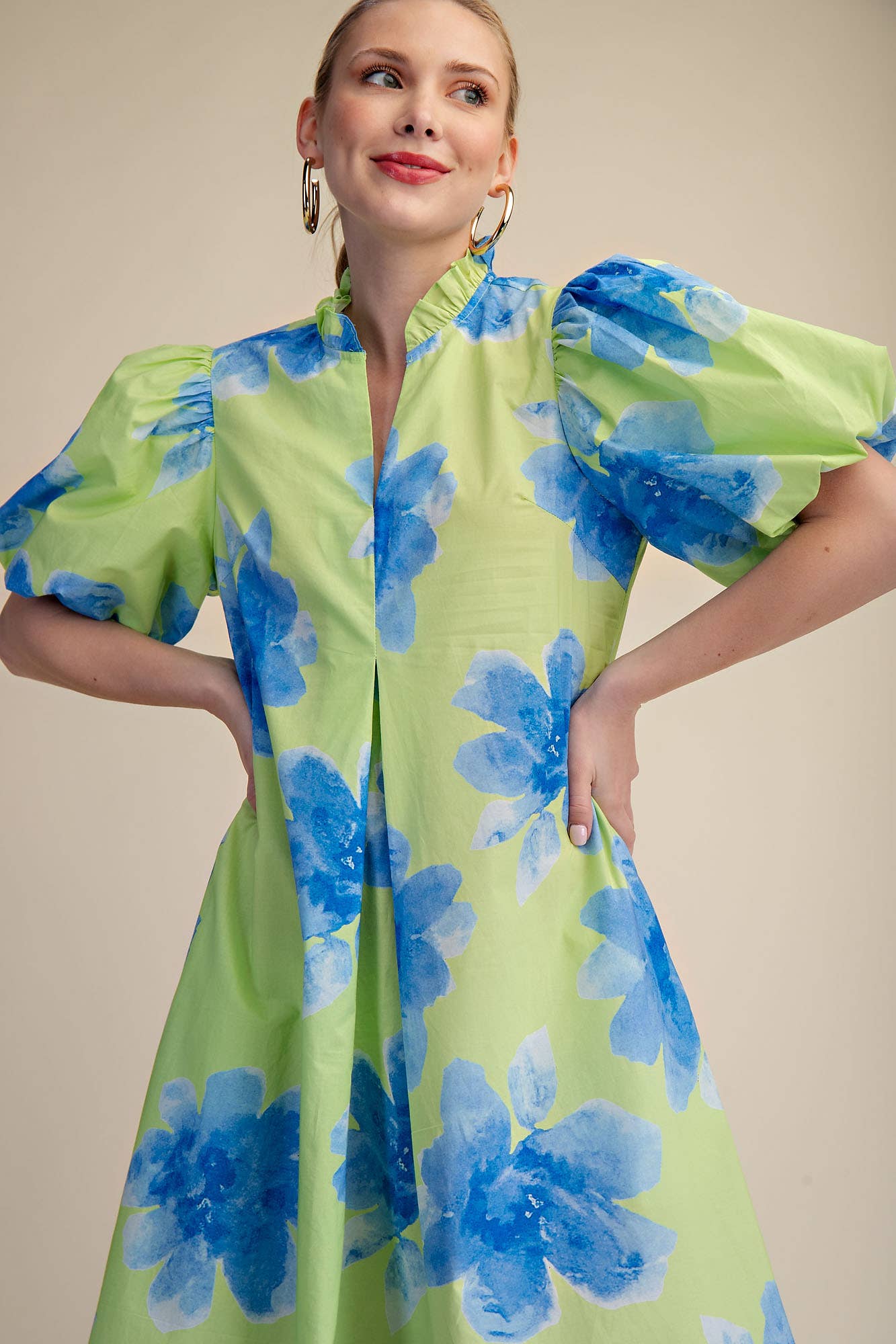 Glam - Wholesale Dress - Women's - Ruffle V-Neck Puff Sleeve Waist Pleated Midi Dress16