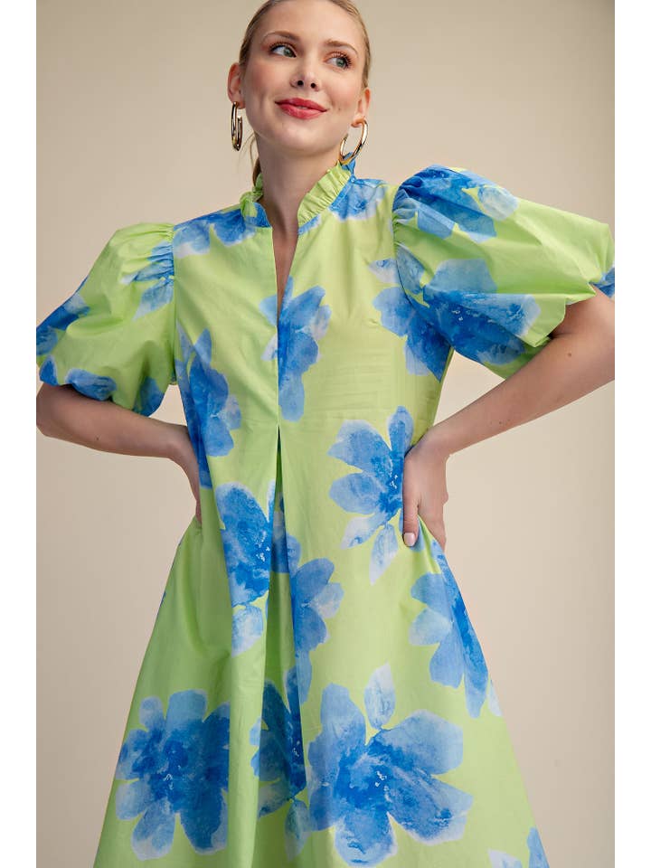 Glam - Wholesale Dress - Women's - Ruffle V-Neck Puff Sleeve Waist Pleated Midi Dress16