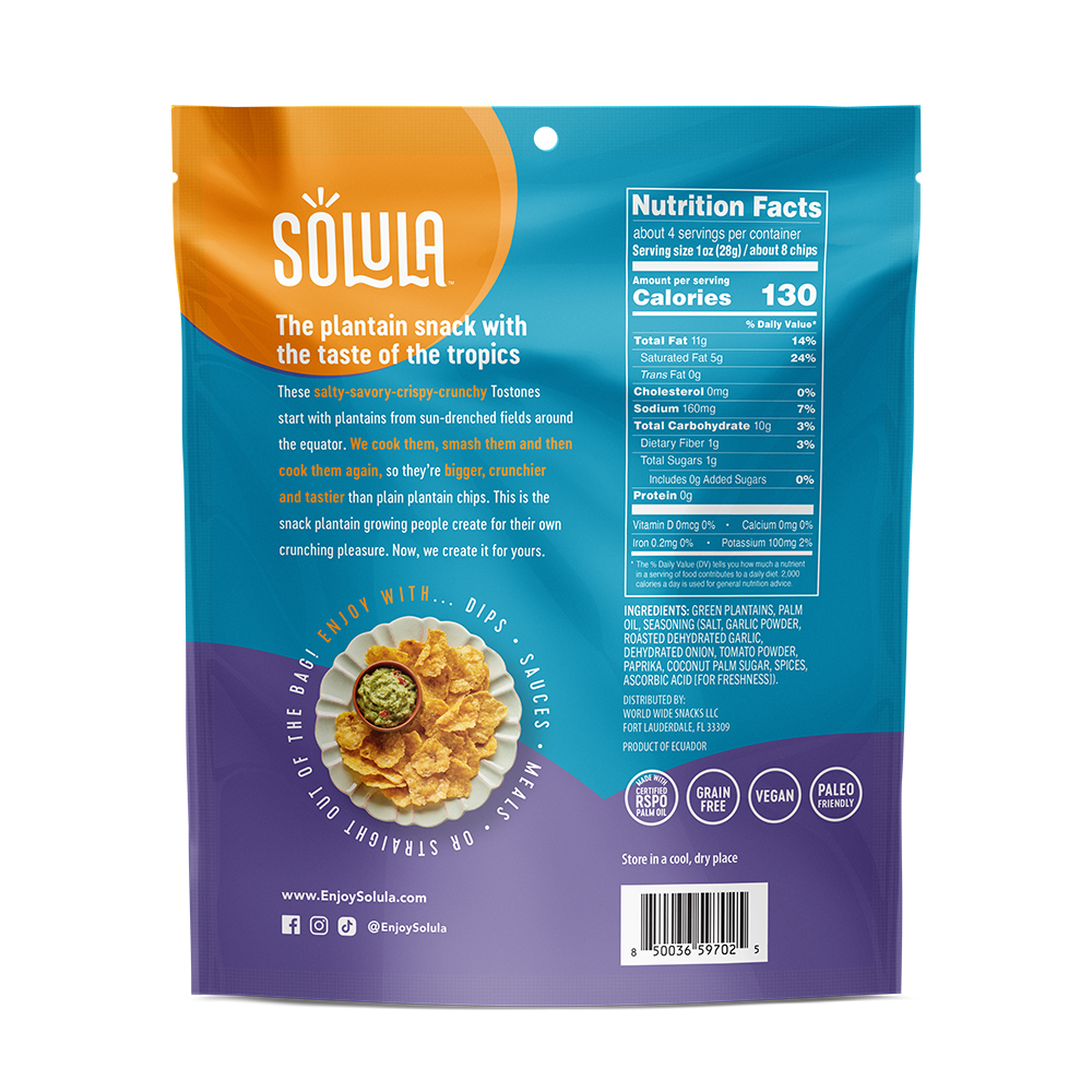 Solula - Wholesale Chips - Plantain Crisps / Chips - Tostones - Roasted Garlic, GF1