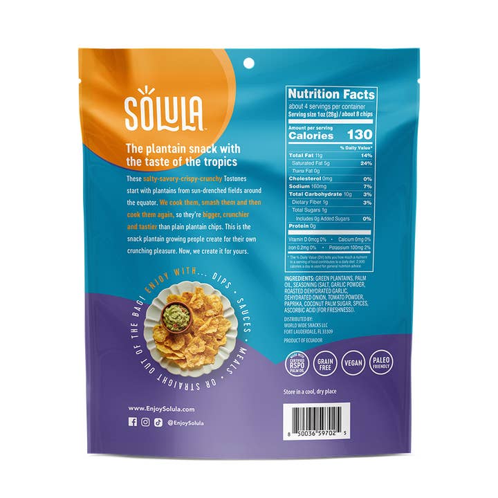 Solula - Wholesale Chips - Plantain Crisps / Chips - Tostones - Roasted Garlic, GF1
