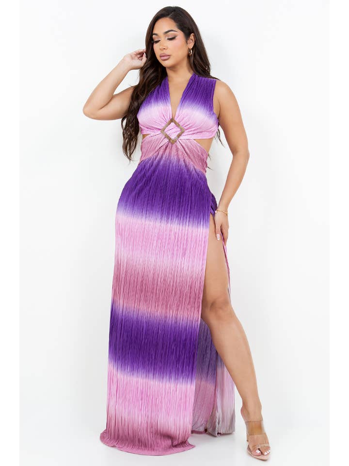 PURPLE D13939 Slit Ombre Trim Maxi Dress for wholesale on Faire5