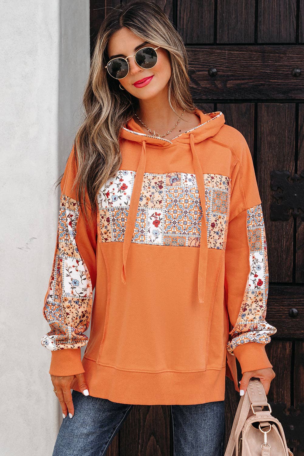 Flamingo Mix Floral Patchwork Side Slit Drawstring Hoodie for wholesale on Faire