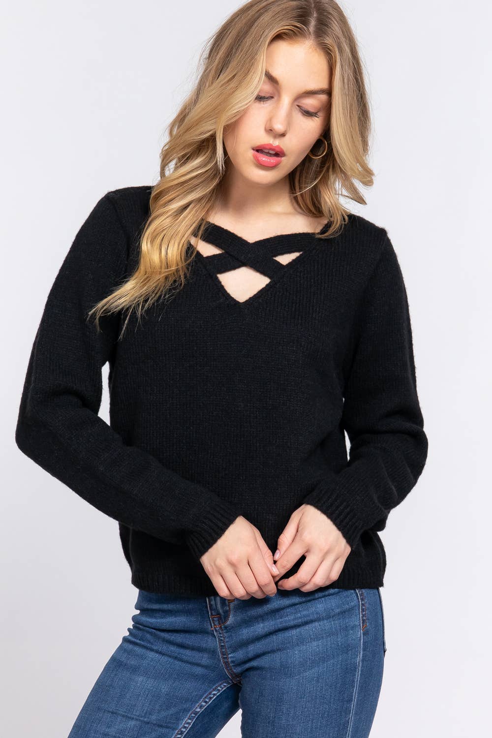 Active Basic | Active USA - Wholesale Knit Sweater - Women's - Long Sleeve V-neck With X Strap Sweater9