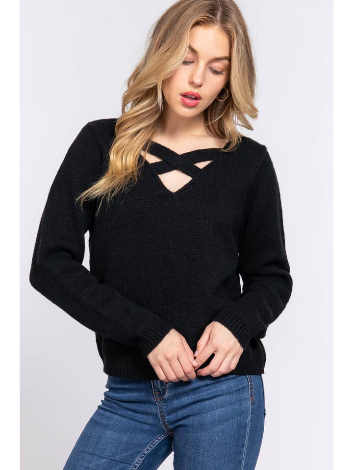 Active Basic | Active USA - Wholesale Knit Sweater - Women's - Long Sleeve V-neck With X Strap Sweater9