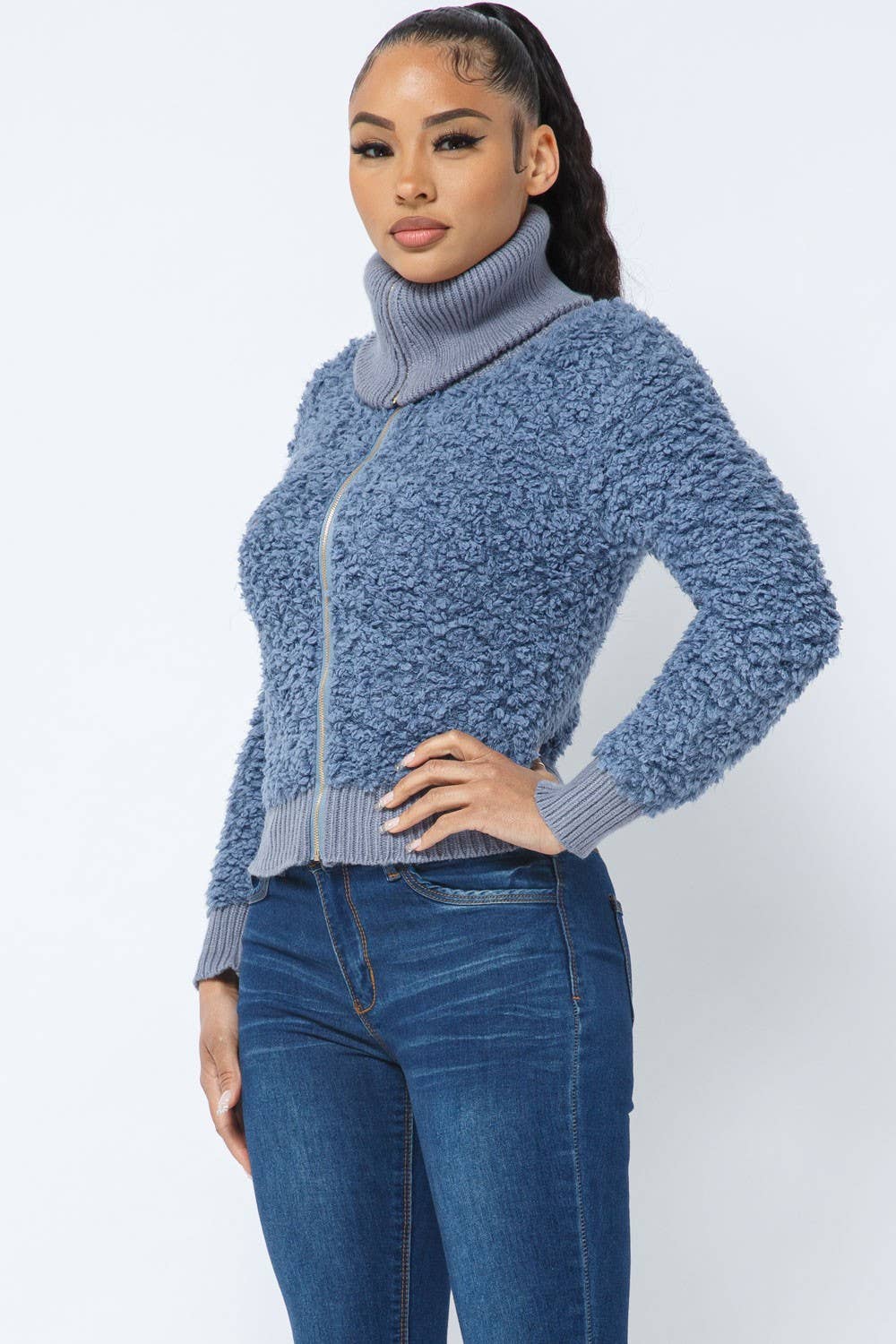 Dusty Blue Long Sleeve Shaggy Jacket With Front Zipper for wholesale on Faire4