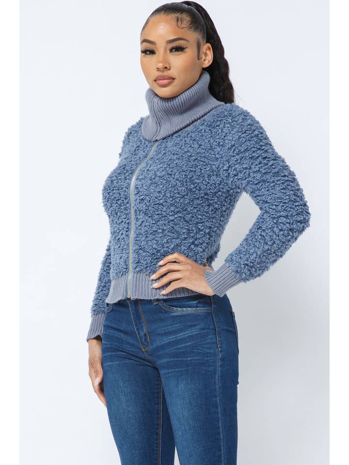 Dusty Blue Long Sleeve Shaggy Jacket With Front Zipper for wholesale on Faire4