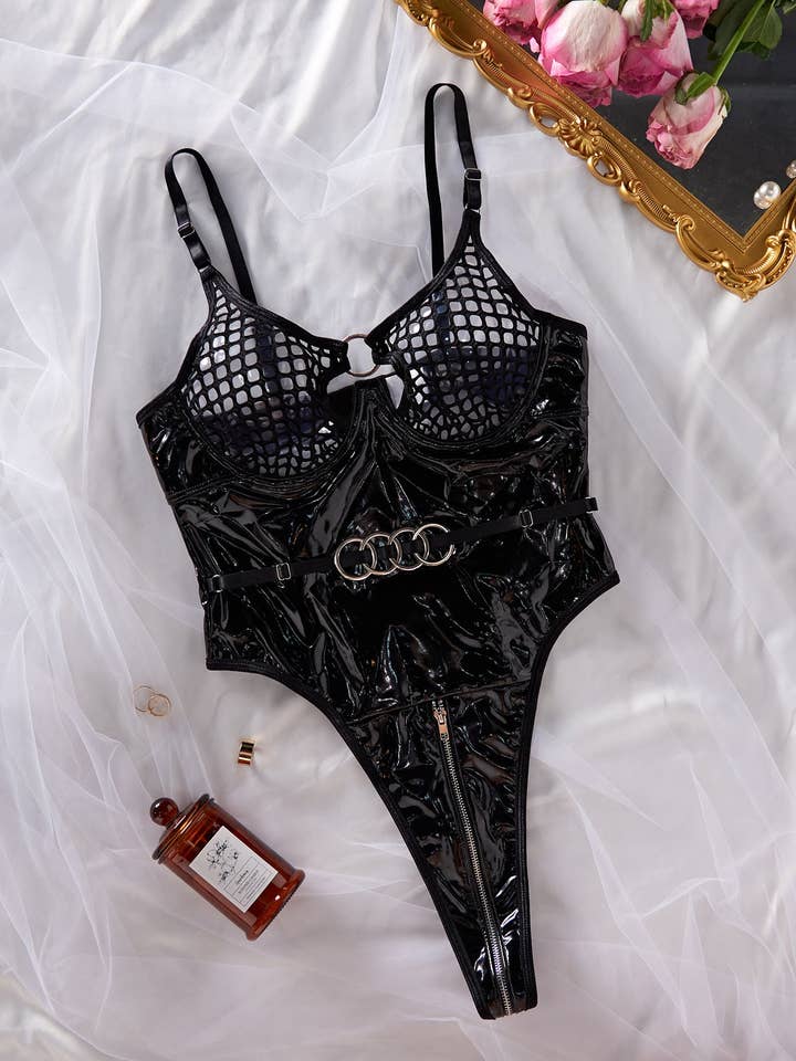 Tourtiwi - Wholesale Lingerie Bodysuit - Women's - Hollow Sexy Mesh Splicing Fabric Leather Sexy Jumpsuit