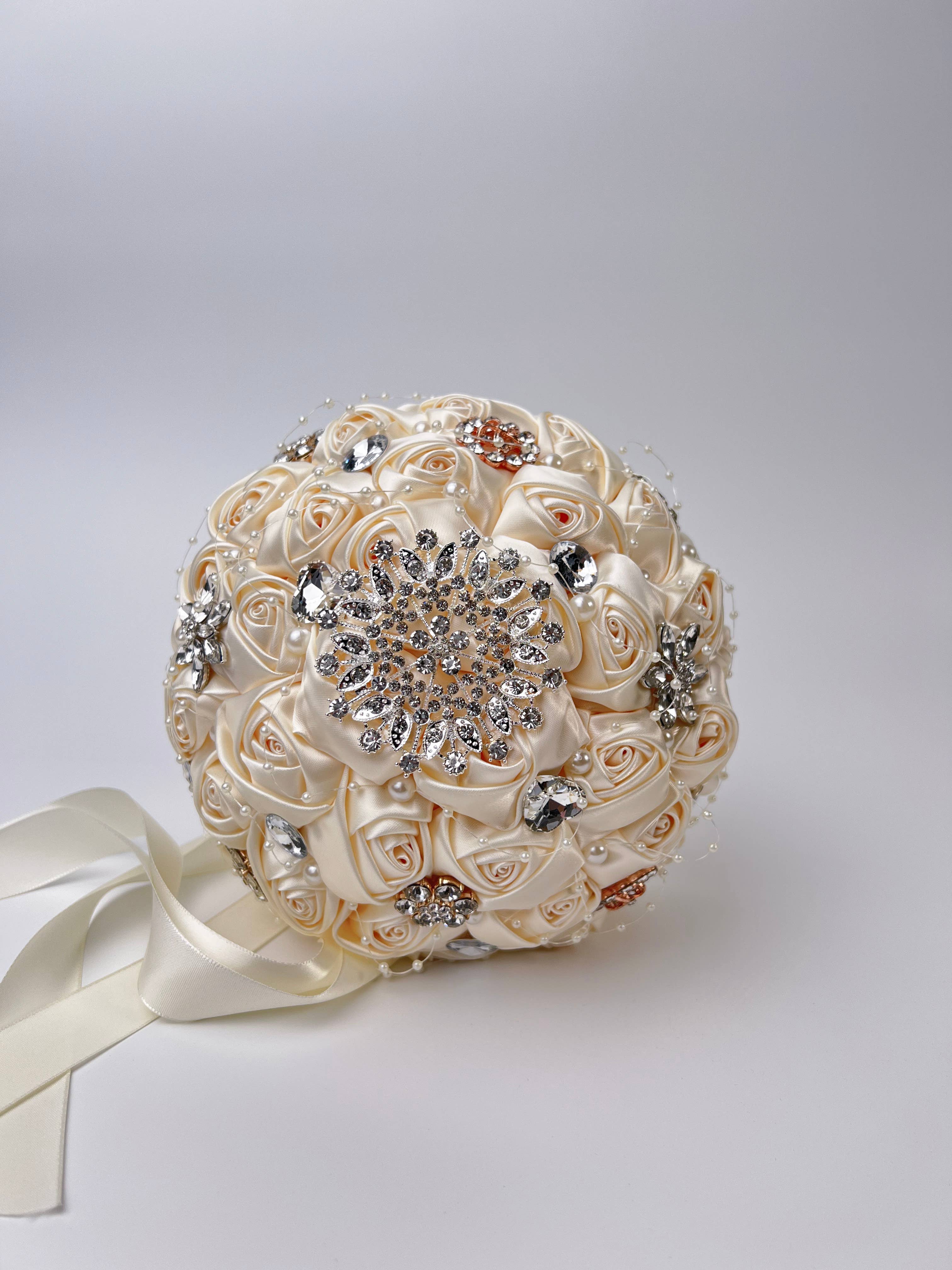 Floris Linens - Wholesale Artificial Flowers - Rhinestone Pearl Bridal Brooch Rose Bouquet for Wedding13