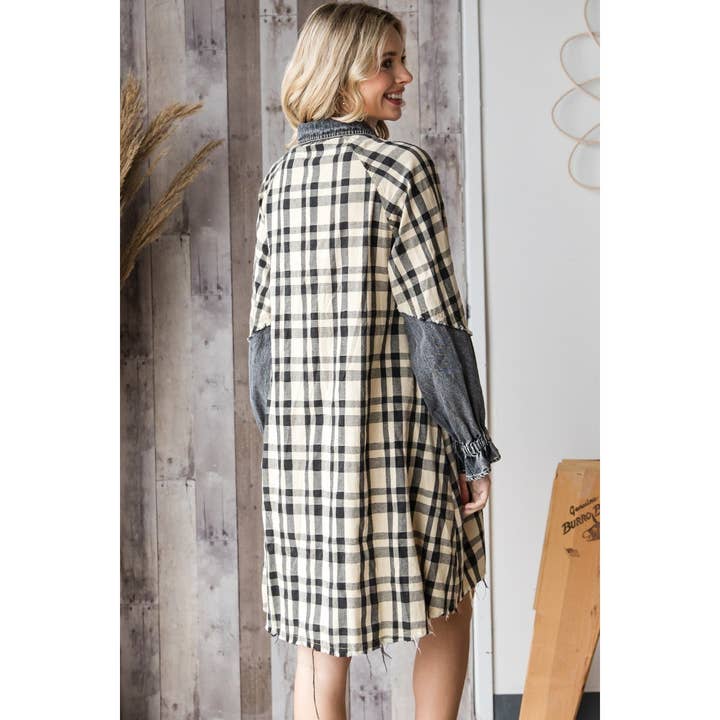 Veveret - Wholesale Dress - Women's - Plaid Contrast Denim Dress