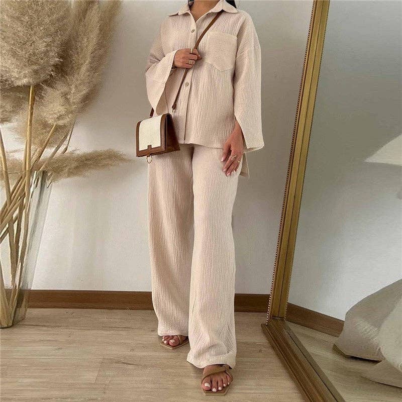 ShieldChic - Wholesale Top & Pant Set (NOT Loungewear) - Women's - Solid Color Long Sleeve Lapel Blouse And Wide Leg Pants Two Pieces Suit5