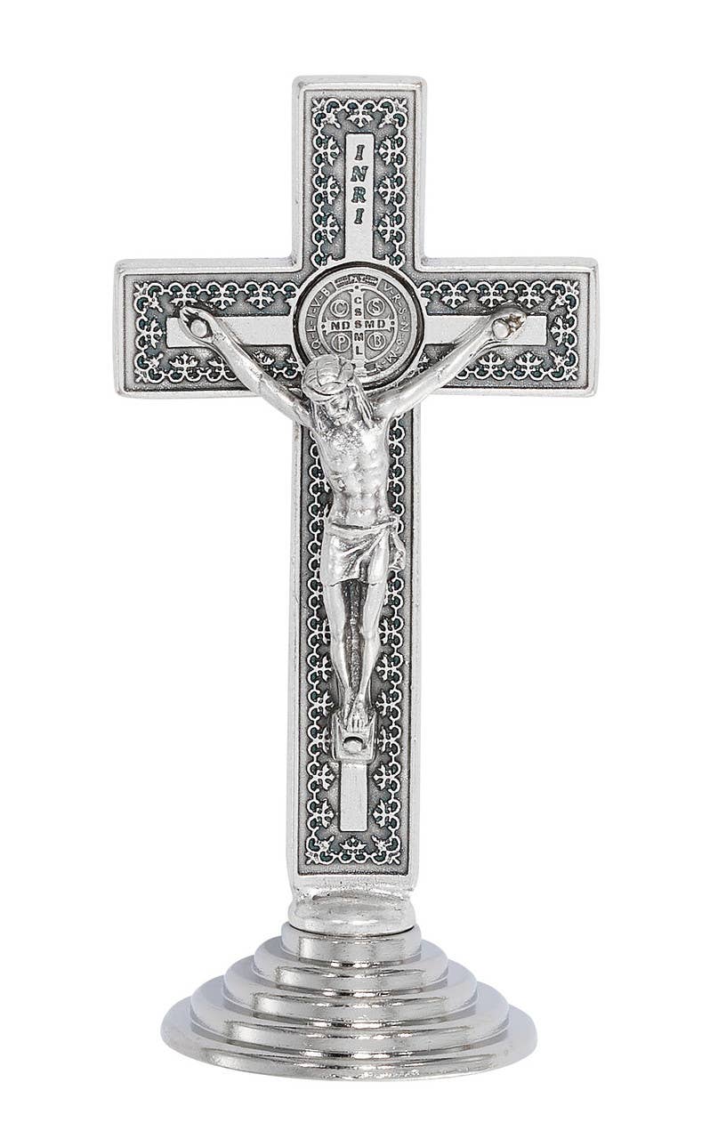 Hail Mary Gifts - Wholesale Wall cross - Religious Standing Cross Crucifix St. Benedict Silver Oxidiz