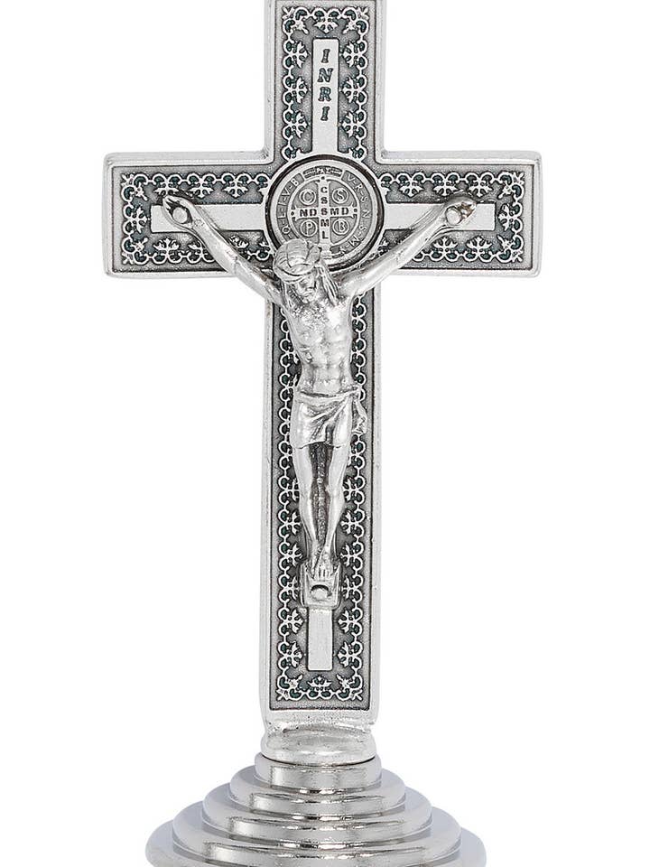 Religious Standing Cross Crucifix St. Benedict Silver Oxidiz for wholesale by Hail Mary Gifts