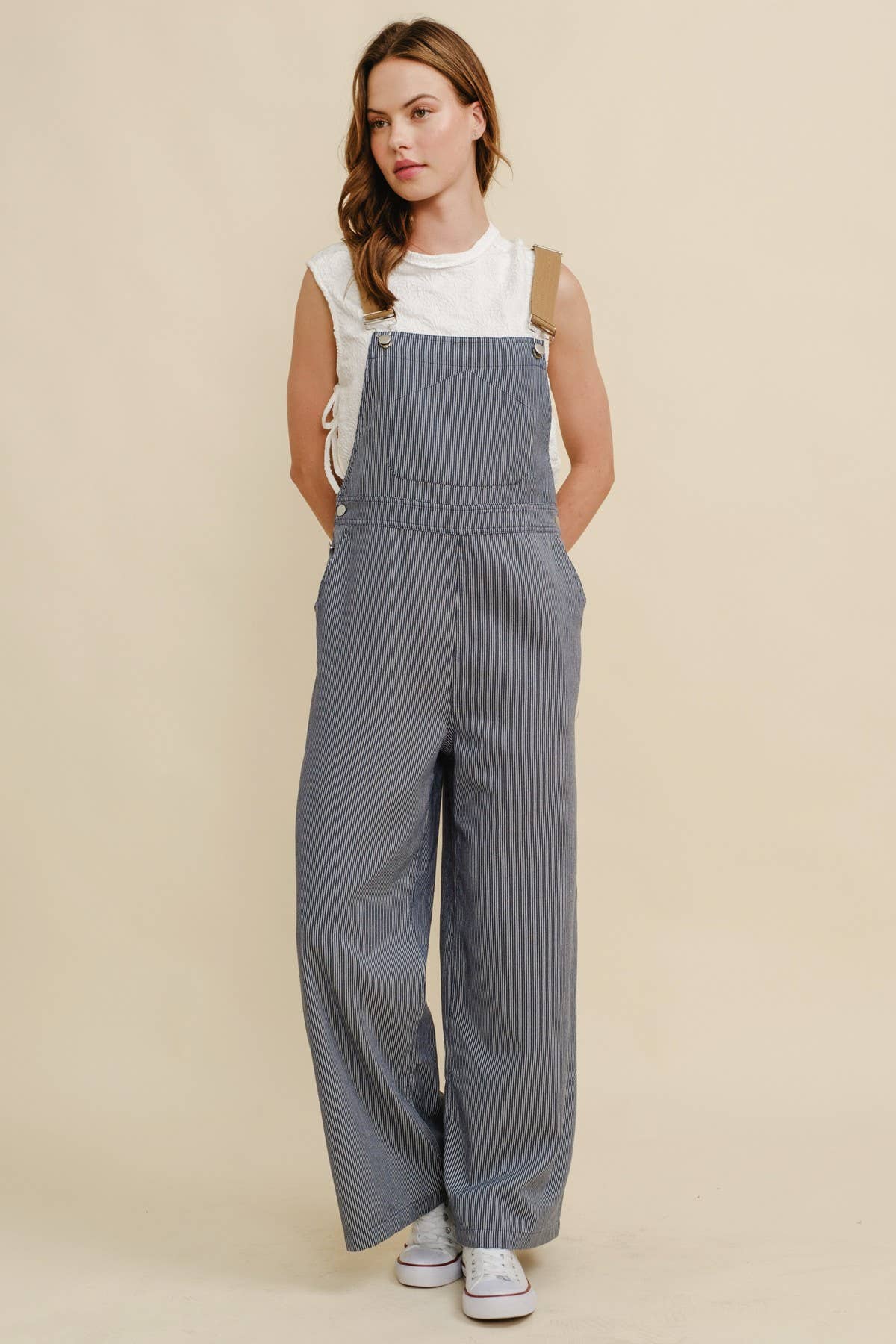 Navy CR19032A - STRIPED CONTRAST STRAP COLOR OVERALL JUMPSUIT for wholesale on Faire6