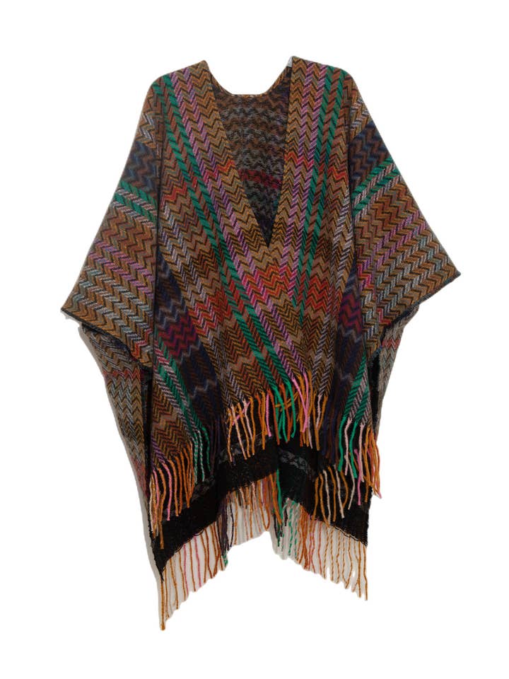 ePretty - Wholesale Poncho - Women's - Multi Color Chevron Printed Knit Wrap with Tassels Z1-PJP123