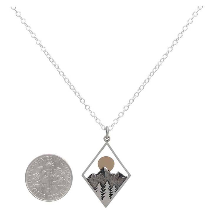 Nina Designs – wholesale Pendant/charm necklace – Sterling Silver Mountain Necklace with Bronze Sun