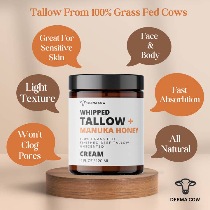 Derma Cow - Wholesale Body Cream/Lotion - Whipped Tallow + Manuka Honey Cream, For Face and Body