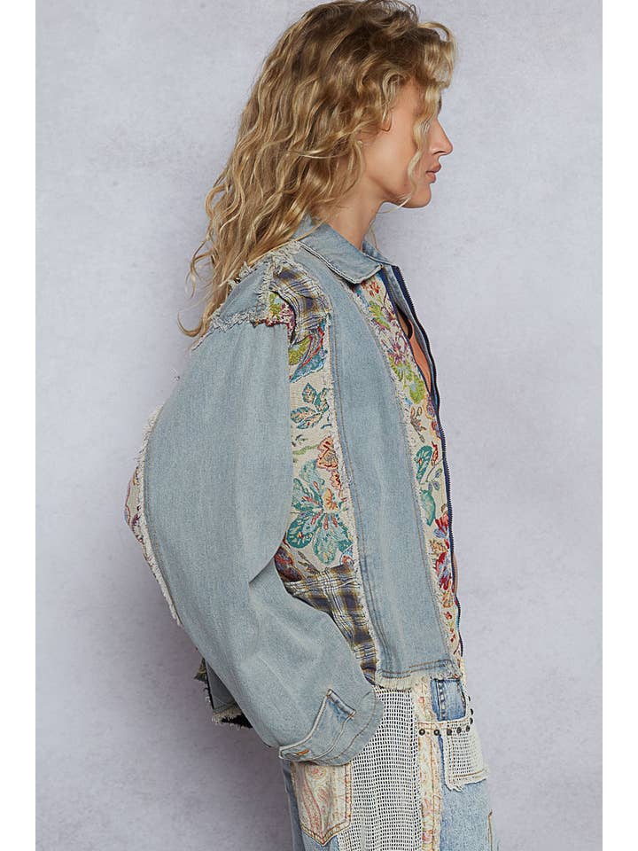 Pol Clothing - Wholesale Denim Jacket - Women's - Bell sleeve front zipper jaquard contrast jacket5