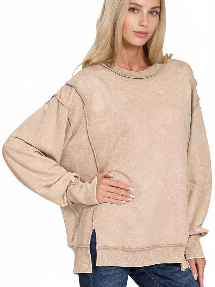 42POPS - Wholesale Sweatshirt - Women's - ',....Acid Wash French Terry Exposed Seam Sweatshirt