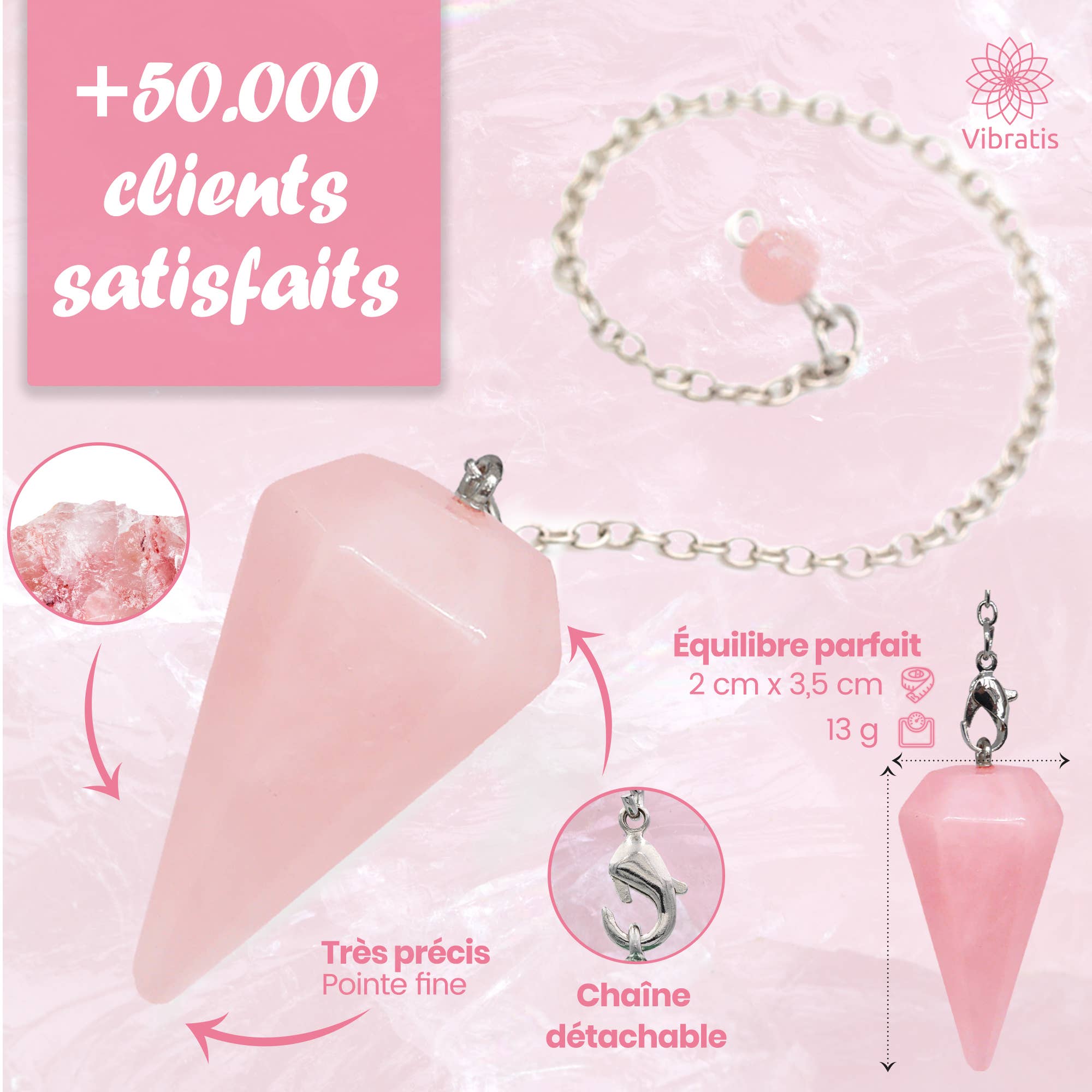 Vibratis - Vente Accessoire de méditation - Pendule divinatoire de radiesthésie - Cône quartz rose3