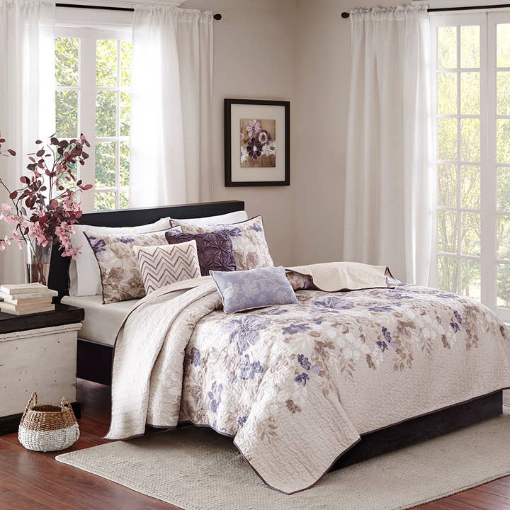 6 Piece Watercolor Floral Reversible Quilt Set, Taupe for wholesale by Olliix