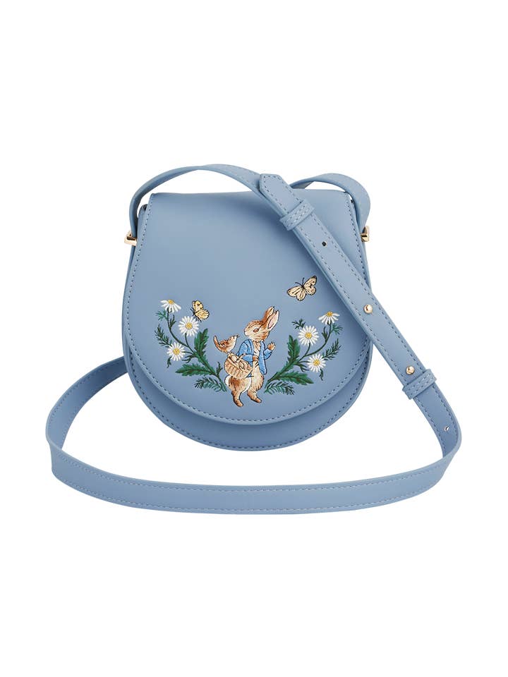 Fable England x Peter Rabbit Blue Embroidered Saddle Bag for wholesale by Fable England