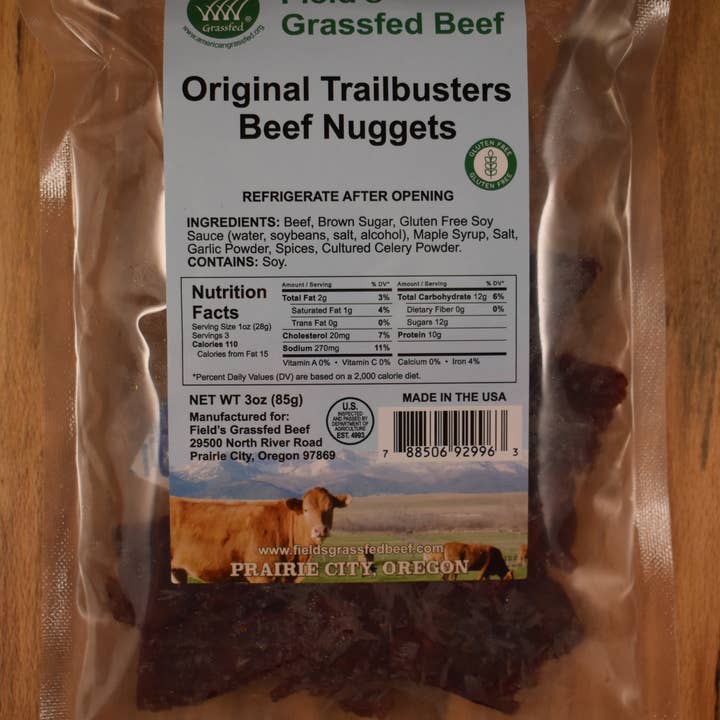 Field's Grassfed Beef - Wholesale Jerky - Original 100% Grassfed Beef Nuggets (Case: 12 3oz Packages)1