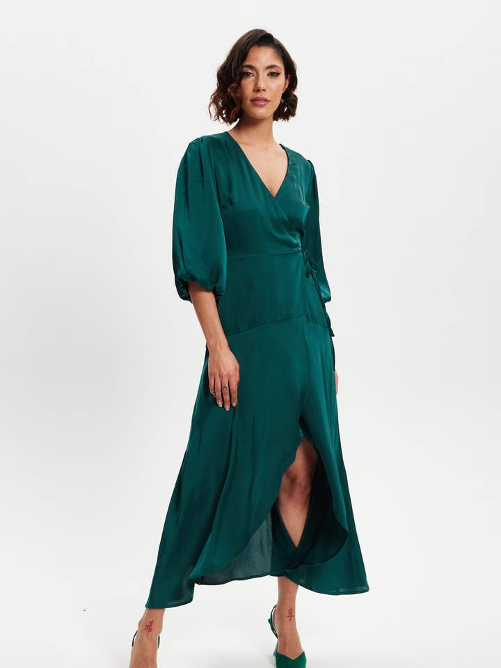 Liquorish Dark Green Midi Wrap Dress With Short Puff Sleeves for wholesale by Liquorish