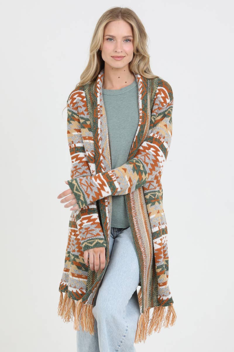 Nostalgia – wholesale Cardigan – Women’s – NHS56-ASIS FRINGE HEM AZTEC CARDIGAN SWEATER1
