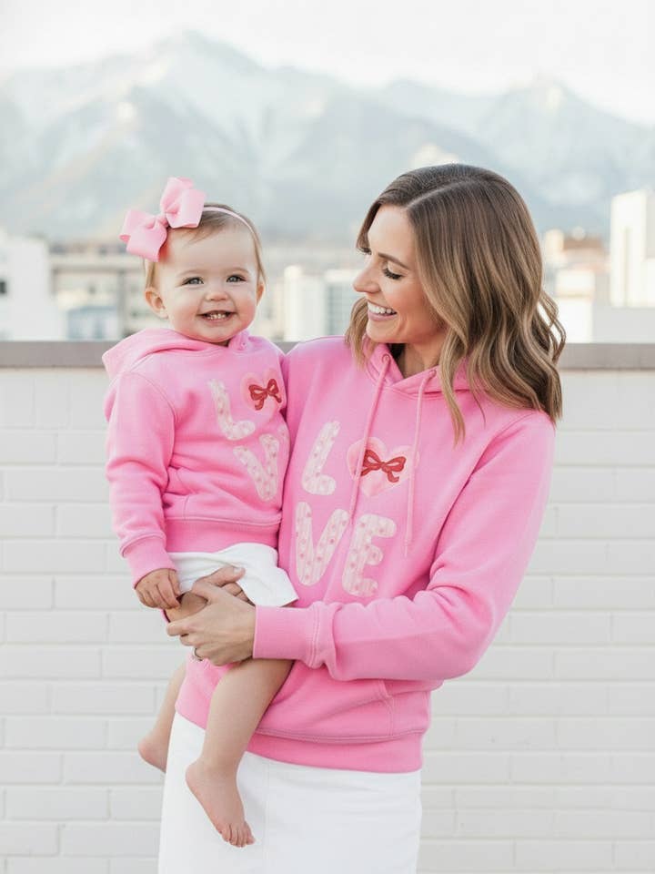LOVE Mommy & Me Pink Floral Heart Hoodie — Romantic Valentine’s Day Pullover for wholesale by Pearly Peach