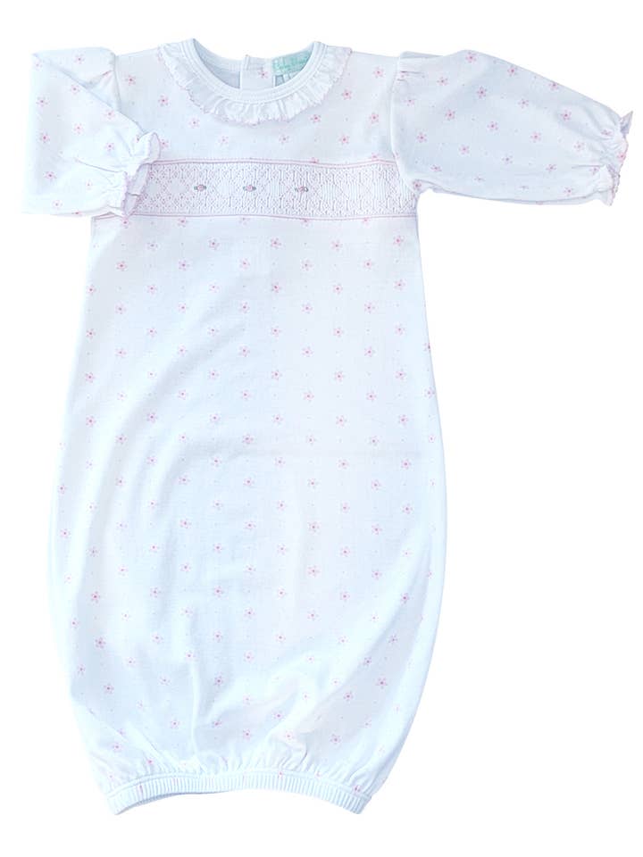 Pink Flower Print Baby Pima Cotton smocked gown for wholesale by Baby Threads