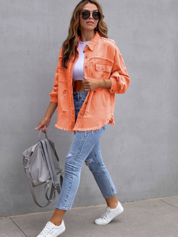 Lily Clothing - Wholesale Denim Jacket - Women's - Old solid color denim coat with lapel and ripped raw edge