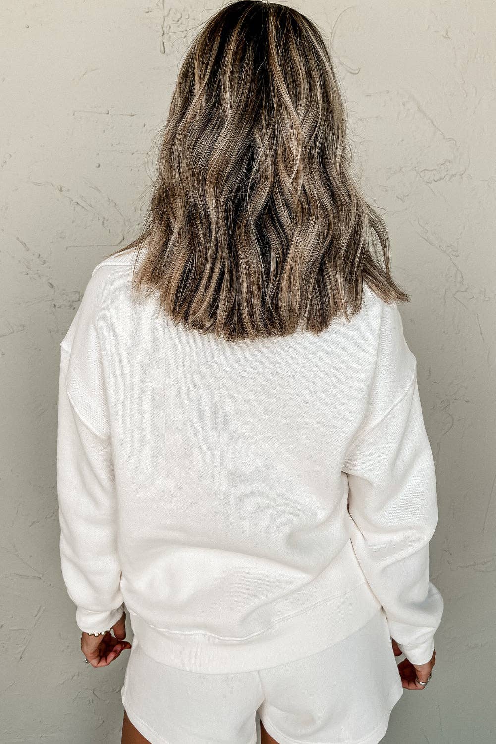 White Ribbed Collar Drop Shoulder Sweatshirt and Shorts Set for wholesale on Faire1